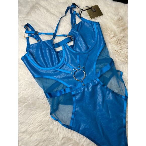 Honey Birdette MISTRESS T💙 Peacock Blue Faux Leather Bodysuit 32D - Picture 4 of 6